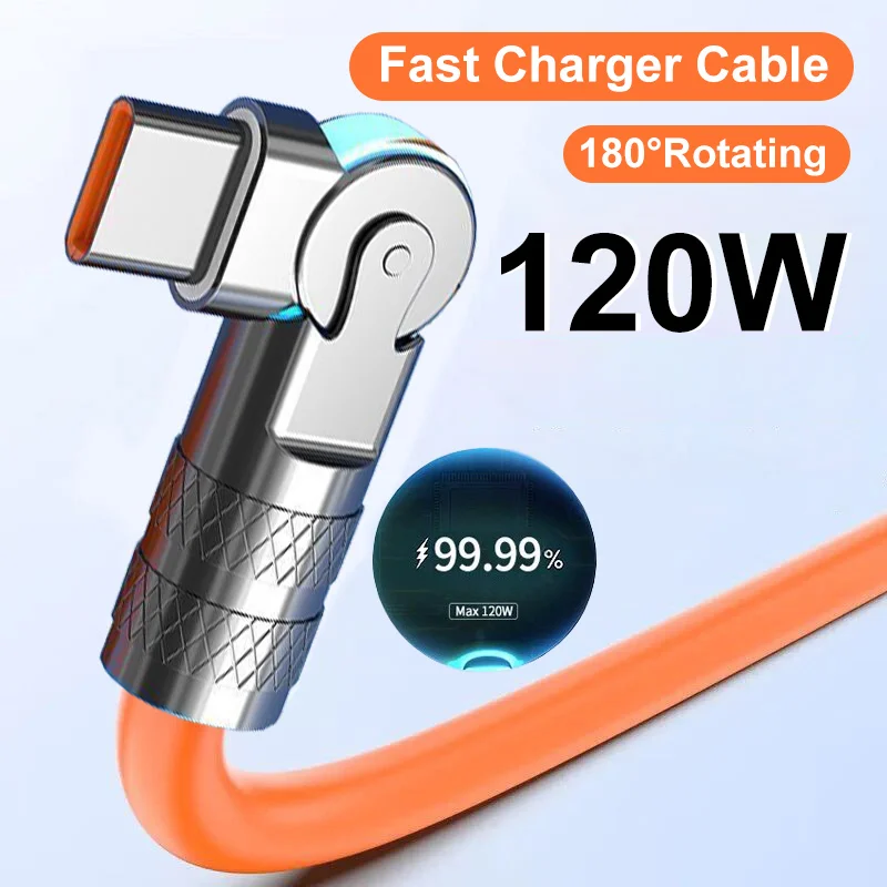 120W 6A USB Fast Charge Cable 180 Degree Rotation Elbow Cable For iPhone 14 13 12 11 Xiaomi Samsung Huawei Charger Type C Cable