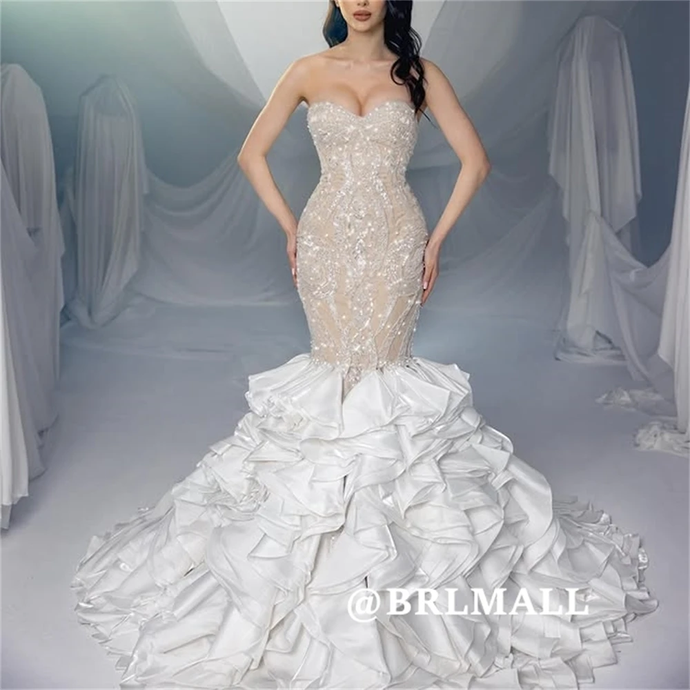 Robe de mariée froncée de luxe pour mariée, longue robe de mariée avec des Appliques de perles, sans manches, avec traîne ajustée et évasée, 2025