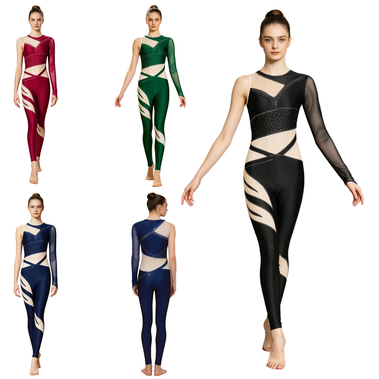 Womens Ballet Dance Gymnastics Leotards Mesh One-shoulder Shiny Rhinestone Unitards Figure Skating Acrobatics Workout Jumpsuit