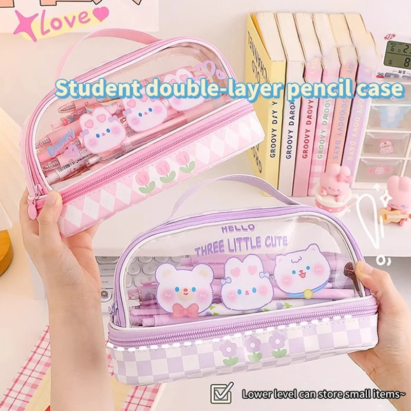 Cute Cartoon Large-capacity Transparent Double-layer Pen Case Dirt-resistant High-color Stationery Storage Pen Bag