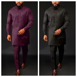 Fato kaftan de manga comprida estilo africano masculino, roupa simples, feriado de casamento, outono e inverno, novo, 2 peças