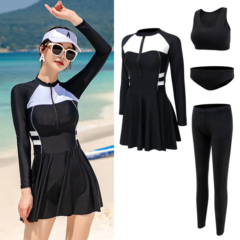 

Women 4pcs/set Zip Rash Guard Long Sleeve Swimdress+Bikini+Leggings Beachwear Running Jogging Sportswear Athletic Tracksuits