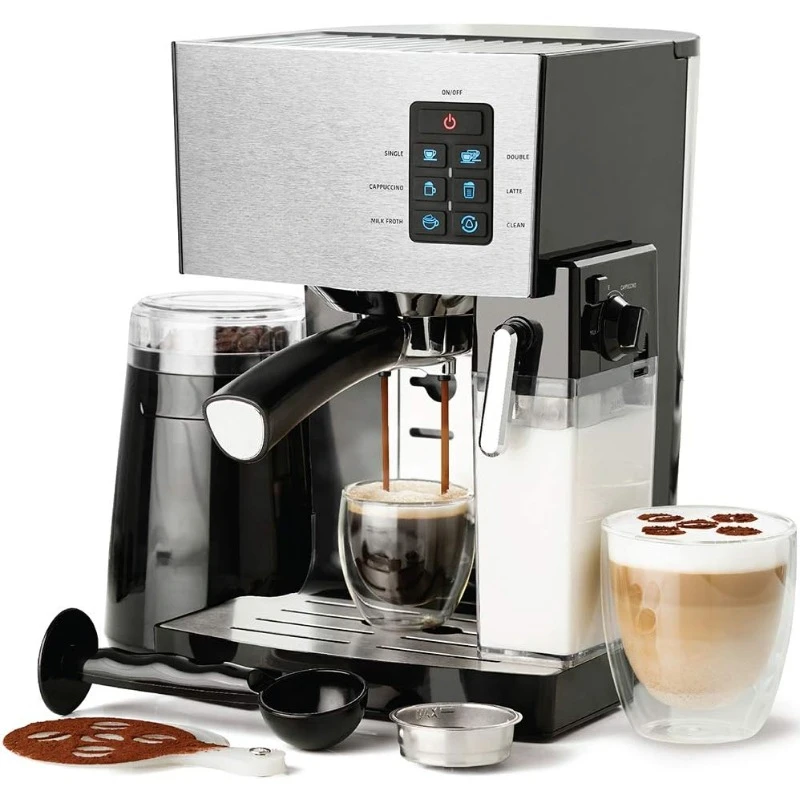 Cappuccino and Latte Maker 10-Piece Set - Brew Cappuccino and Latte with One Button - Espresso Machine with Milk Steamer