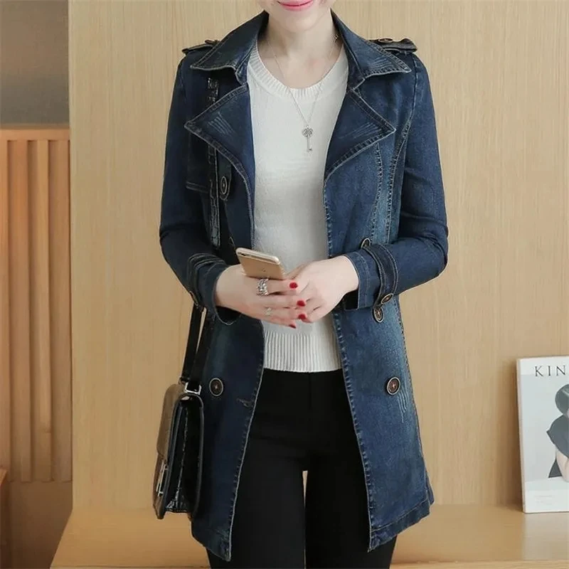 Kurtka dżinsowa damska 2025 Wiosna Jesień Nowa moda Luźne dżinsy na wszystkie mecze Trencz Kobiecy Casual Duży rozmiar Talia Długa odzież wierzchnia