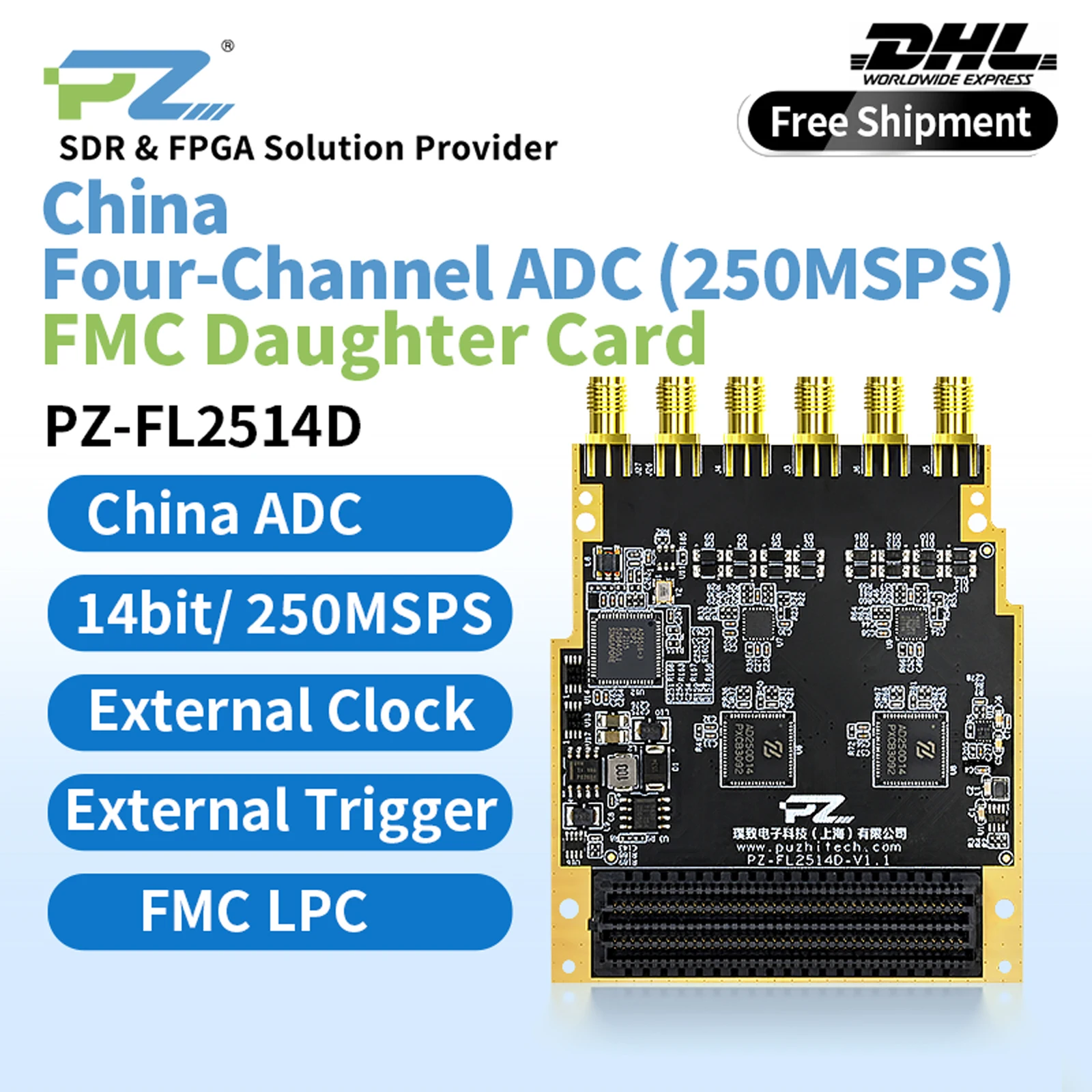 Tarjeta hija Puzhi PZ-FL2514D FMC China ADC de cuatro canales de alta velocidad 14 bits 250MSPS AD250D14 LPC FMC Board LVDS