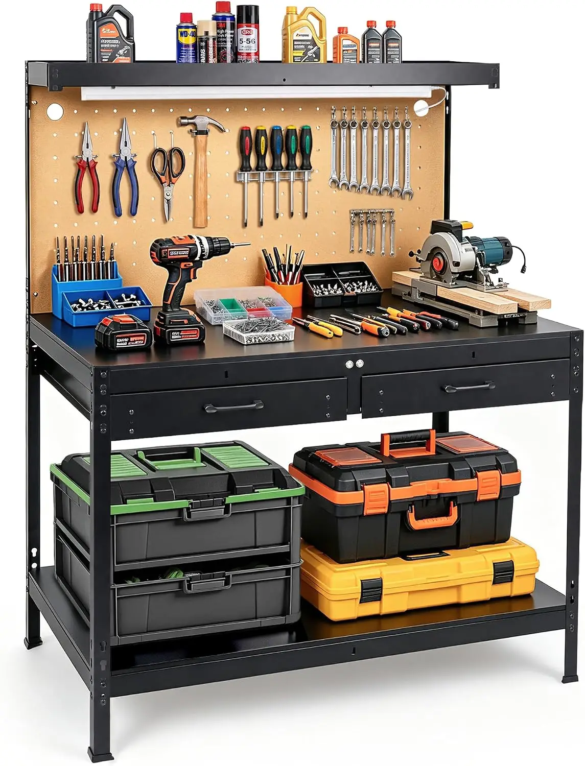 Garage Workshop Basement Workbench A3 Steel Frame Pegboard LED Light Bar Three Tier Shelves Two Drawers Built In Power Strip USB