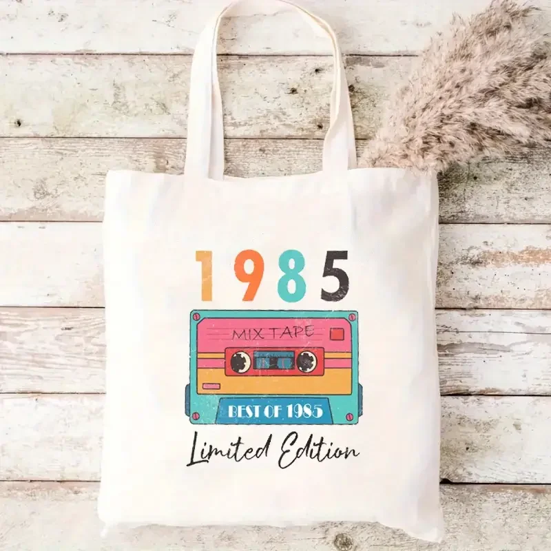 

1985 Vintage Cassette Tape Print Canvas Tote Bags for Women Large Capacity Shopping Bags Shoulder Handbag Eco Girl Handbags