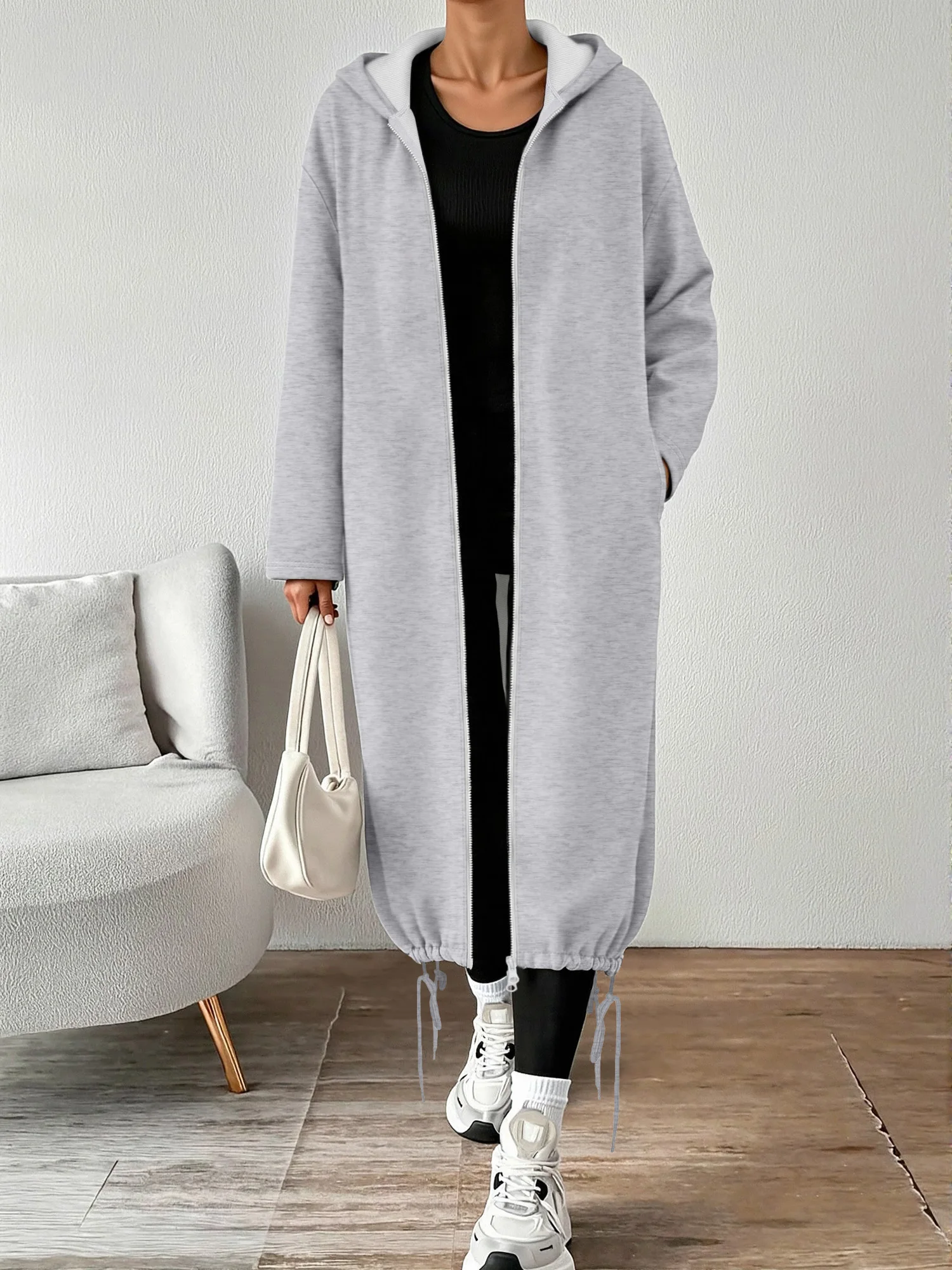 

Женская длинная толстовка с капюшоном в стиле Y2K, свободная толстовка на молнии, модный кардиган с капюшоном и завязками по низу для девочек-подростков