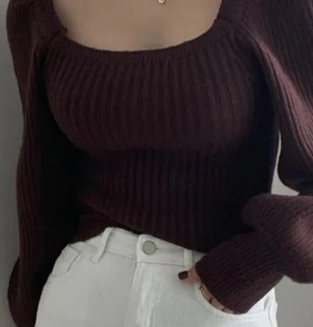 Retro Gestrickte Lange Blase Quadrat Kragen Slim Fit Taille Cinched Farbe Pullover Frauen Frühling Herbst Basis Schicht