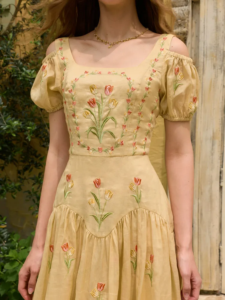 84-96cm Bust Summer Dresses Women Vintage Elegant Dress with All-Over Heavy Embroidery Original High-Count Ramie Long Dresses