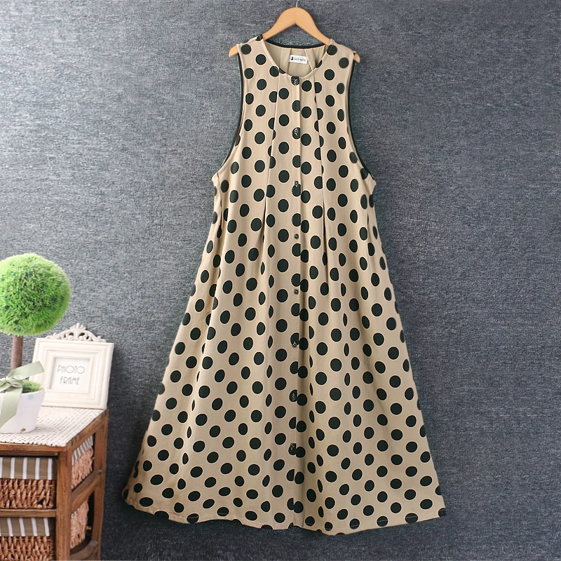 

Sweet Mori Girl Vintage Dotted Print Cotton Linen Tank Dress Women Autumn Sleeveless O-Neck Single Breasted Midi Vest Dresses