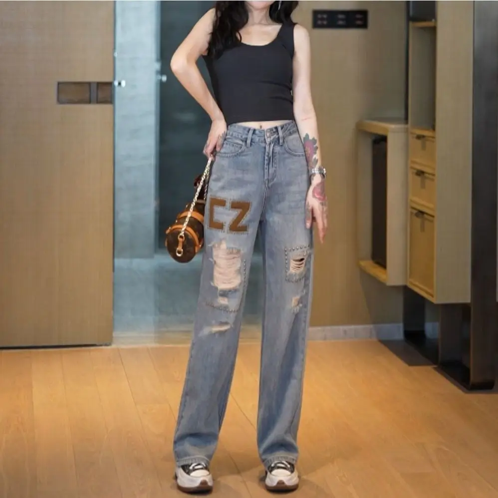 Fashionable Straight Leg Jeans for Women's Summer Wear 2023 New High Waisted Loose Fitting Vintage Torn Wide Leg Pants for Women