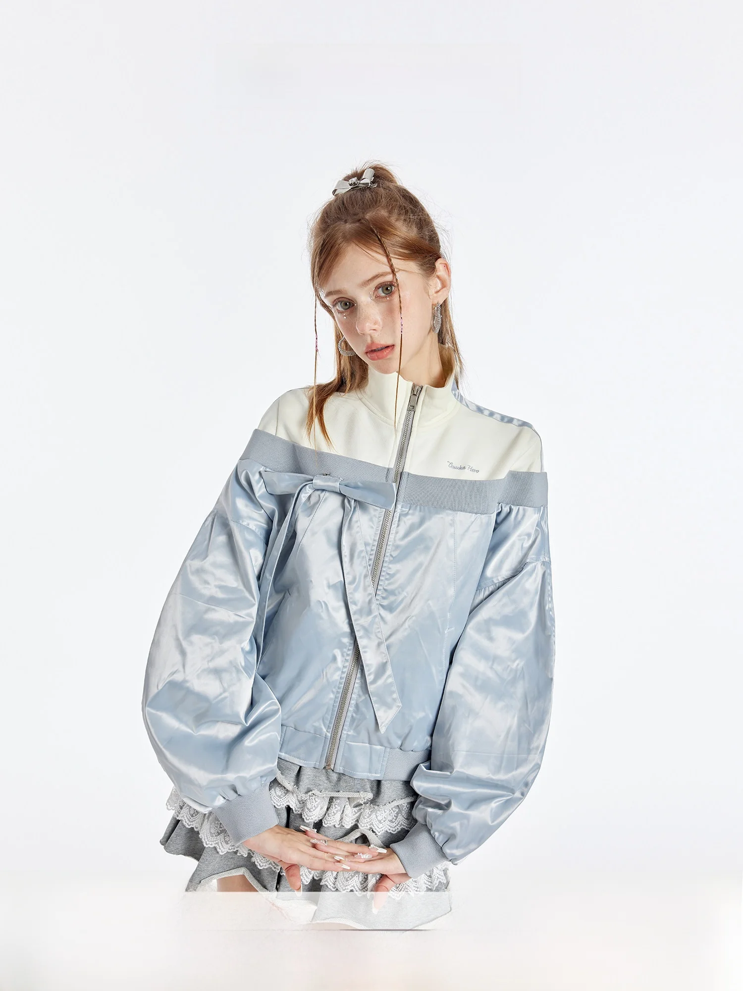 

Guukahero Women's Loose Fit Satin Jacket with Stand Collar And Detachable Bow Tie Fashionable Versatile Outerwear in Light Grey