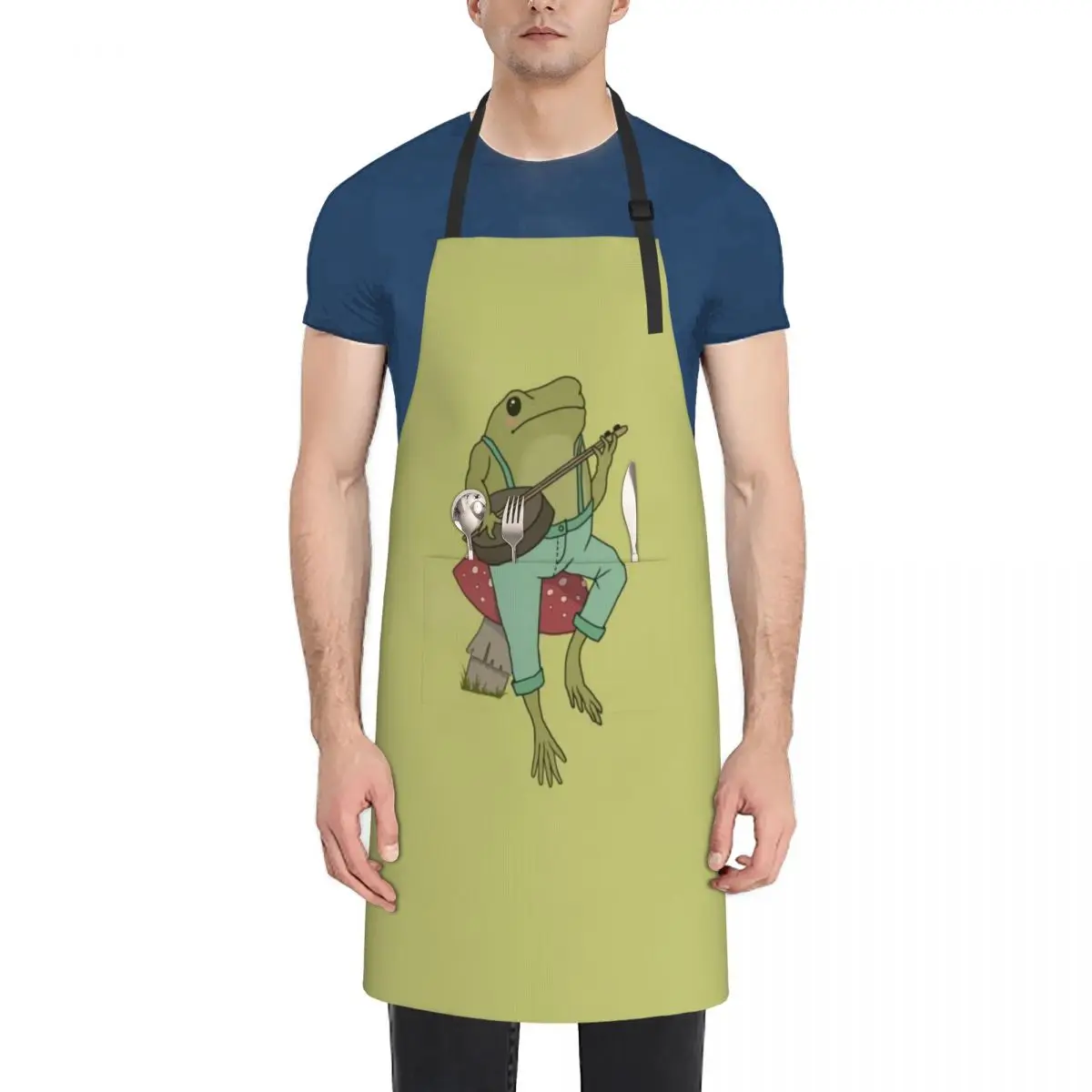 Cottagecore Emo Froggy Banjo Player: Goblincore Toad in Farmer Costume on Mushroom Toadstool Apron Manicurists Restaurant Apron