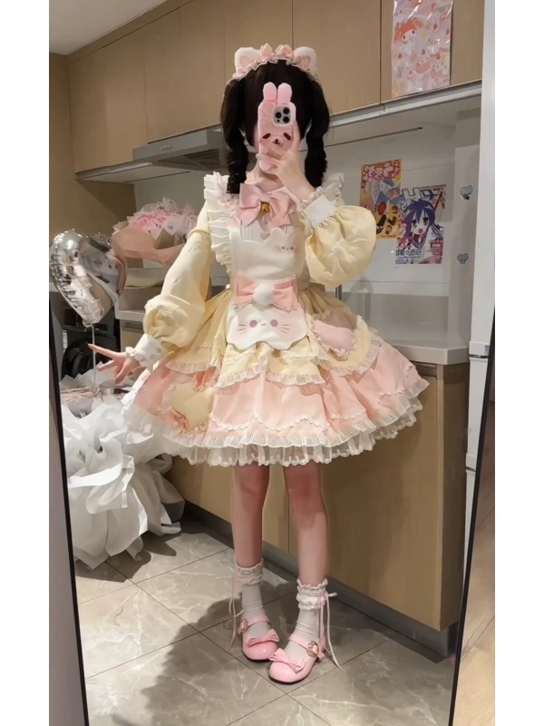 

Милый комплект в стиле Лолита: юбка с бантом и пышным поясом, фартук, комплект из двух предметов для женщин, модная повседневная осенняя одежда