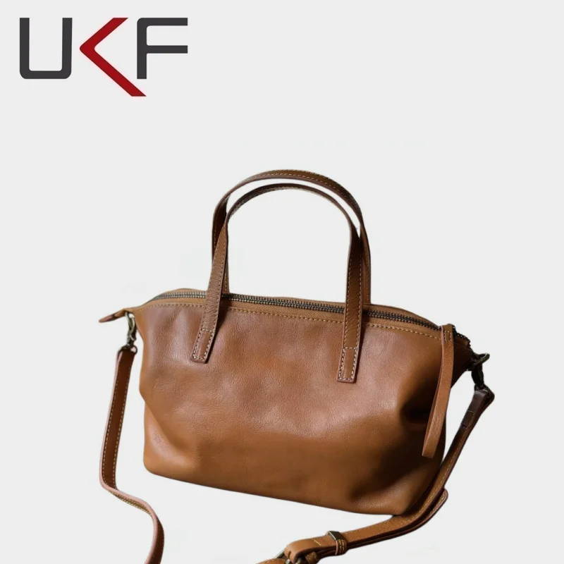 UKF Women's Full Grain Vegetable Tanned Leather Dumpling Handbag Soft Wrinkle Genuine Leather Top-Handle Bag with Detachable Str