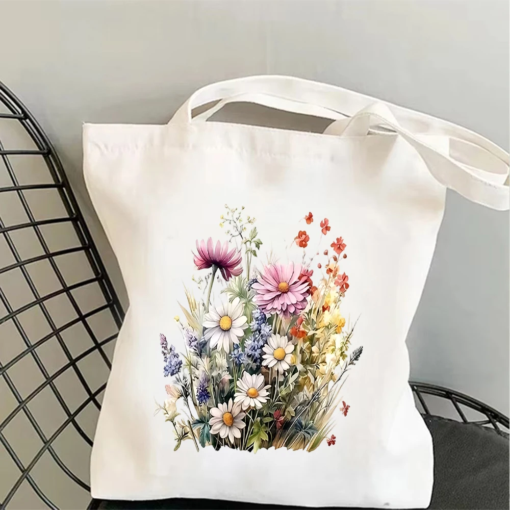 

Boho Wildflower Bouquet Canvas Tote Bag Print Handbag For Bohemian Style Daily Casual Use All Occasions