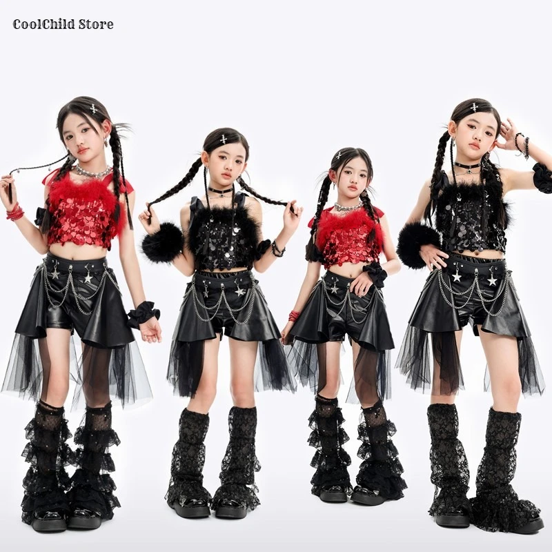 Hip Hop Girls Sequin Crop Tank Top Dance Ribbon Skirts Kids K-pop Shiny Jazz Clothes Sets Children Girl Group Streetwear Costume