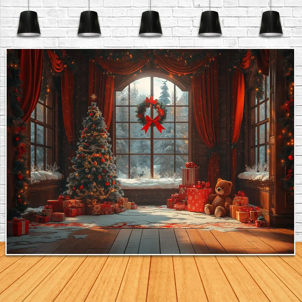 Mocsicka Christmas Photography Background Interior Xmas Tree Bear Gift Box Snow Scene Window Children Photo Backdrop Shoot Props
