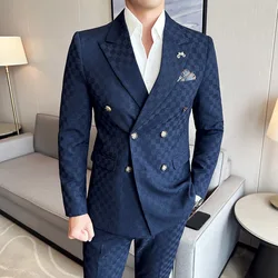 (Jacket+Pants)Luxury Checkered Double Breasted Suit  2 Pieces Fashion Business Slim Fit Social   Formal Suit Evening Dress 5XL-M