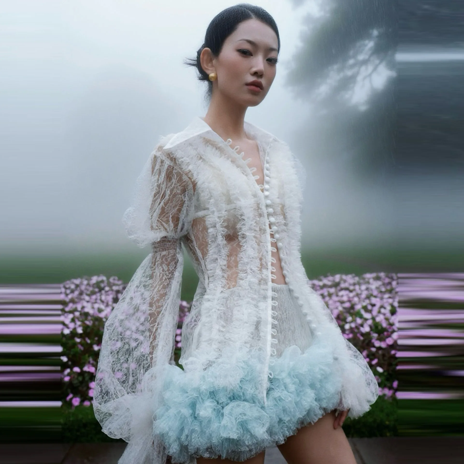 

Romantic Dreamy Fairy Skirt for Women - High Waist Ruffled Mini Skirt with Ombre Effect White to Blue, Sheer Chiffon, Perfect