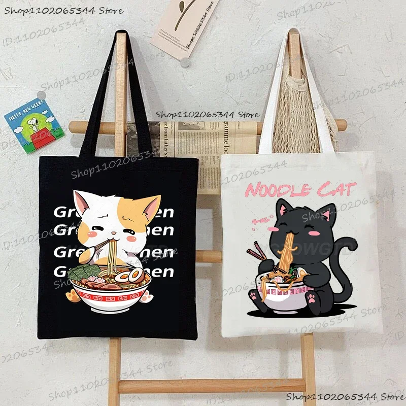 Anime Noodle Cat Fashion Women Handbag Funny Fashion Ramen Cats Lovers Gifts Canvas Tote Bag Cartoon Animal Kitten Shoulder Bags