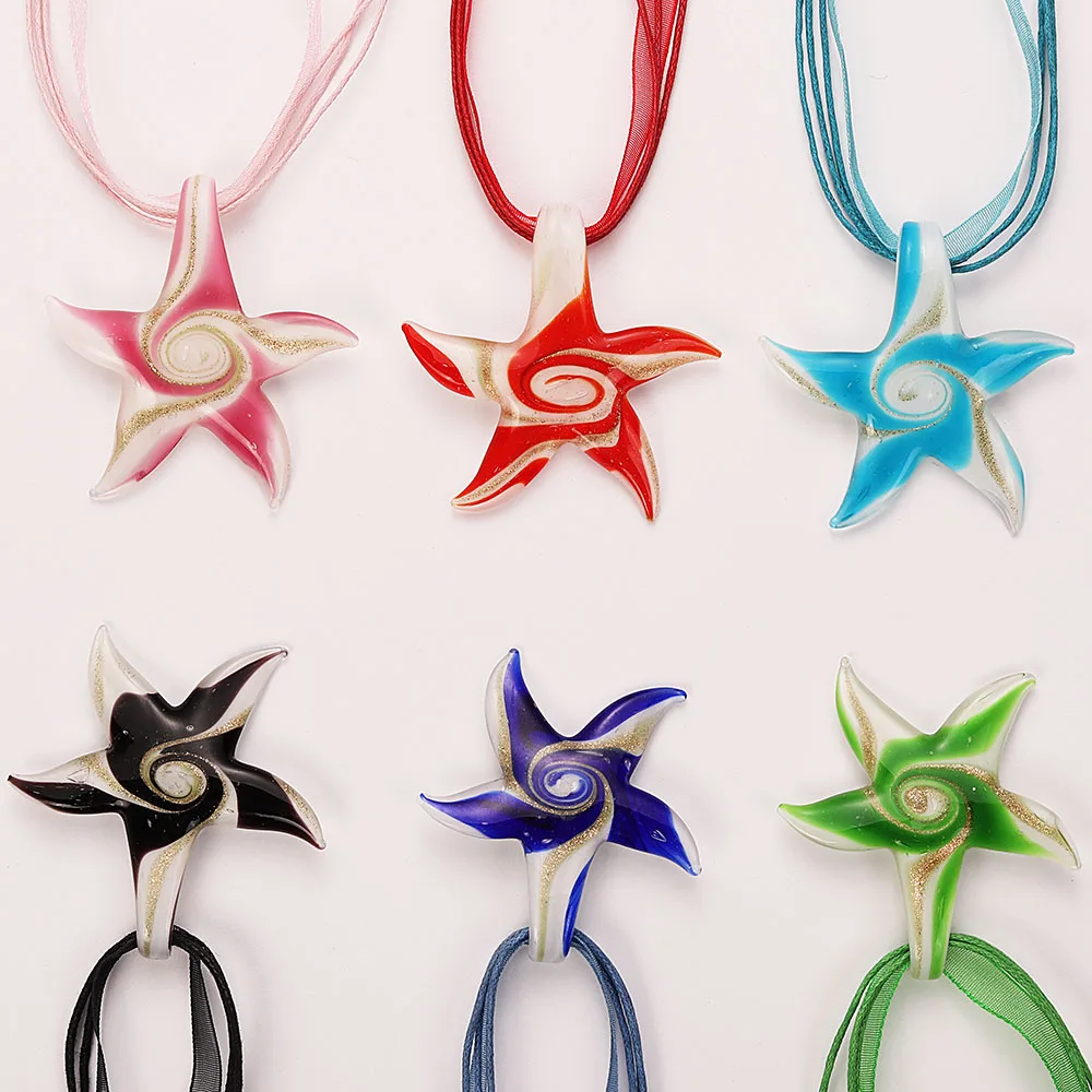 Fashion Wholesale 6pcs Handmade Murano Lampwork Glass Mix Color Reticular Starfish Pendants Charms Necklace Hot necl0051