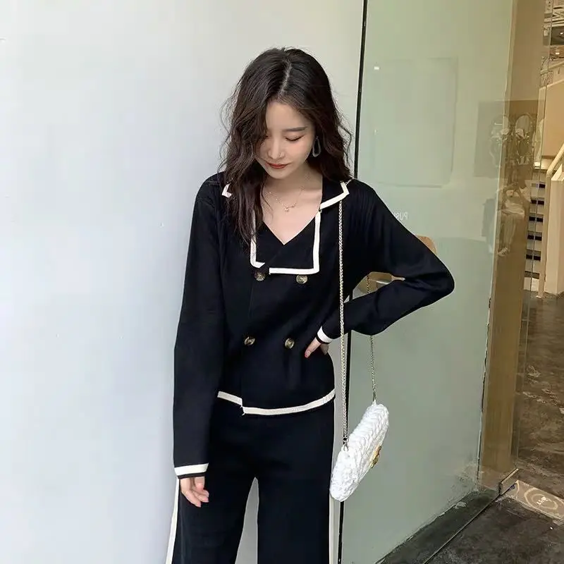 Autumn Thin Knitted Tracksuit Two Pieces Sets Ladies Loose Double-breasted Cardigan + Elastic Long Pants OL Sweater Suits Outfit