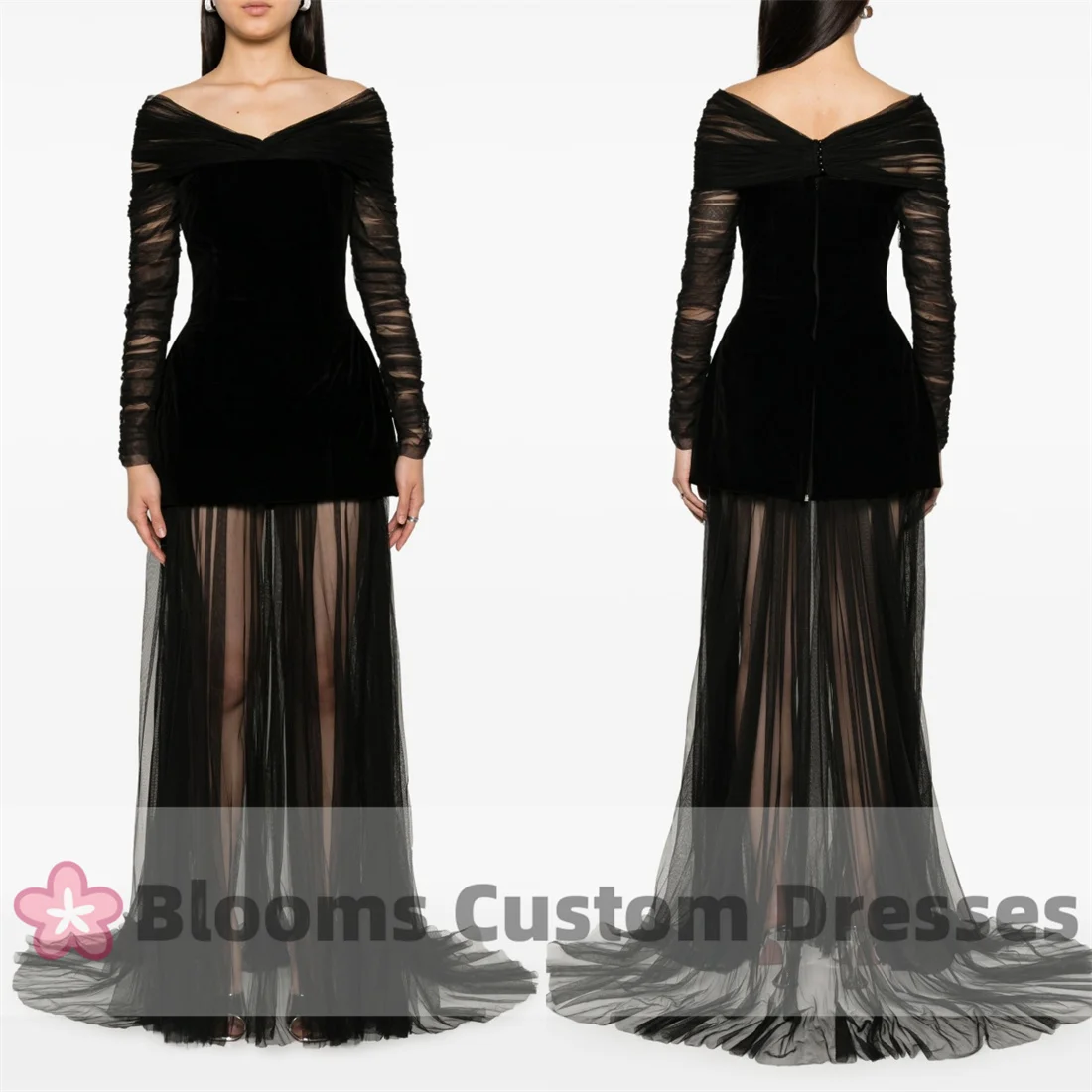 Blooms V-neck Sexy Black Customized Prom Dress Tulle Pleated Long Sleeves 2 Piece Velvet Formal See Through Evening Dresses