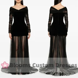 Blooms V-neck Sexy Black Customized Prom Dress Tulle Pleated Long Sleeves 2 Piece Velvet Formal See Through Evening Dresses