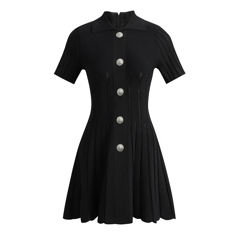 

Women Knitted Lapel Black Short Dress with High Quality Fashion Casual Sweet Short Sleeves White Slim A -line Temperament Dress