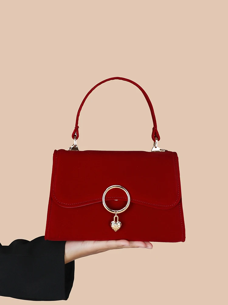 Luxury Velvet Design Wedding Bag Women Classic Wine Red Soft Handle Small Handbags High-Grade Sense Bridal Trapeze Bag