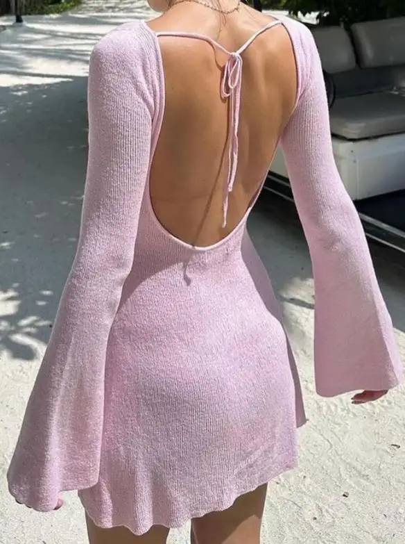 

Summer New Solid Color Fashionable Elegant Sexy Beach Vacation Style Backless Design Slim Fit Waist A-Line Flared Sleeve Dress