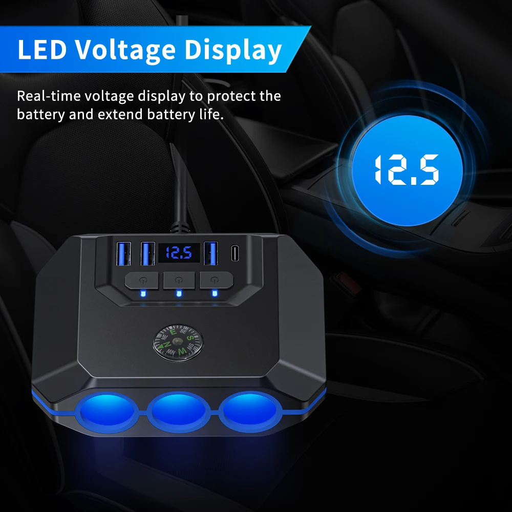 7-in-1 Zigarettenanzünder-Verteiler 120W 3-Port Auto-Ladegerät Adapter USB PD Stromanschluss mit EIN/AUS-Schaltern – Detail 4
