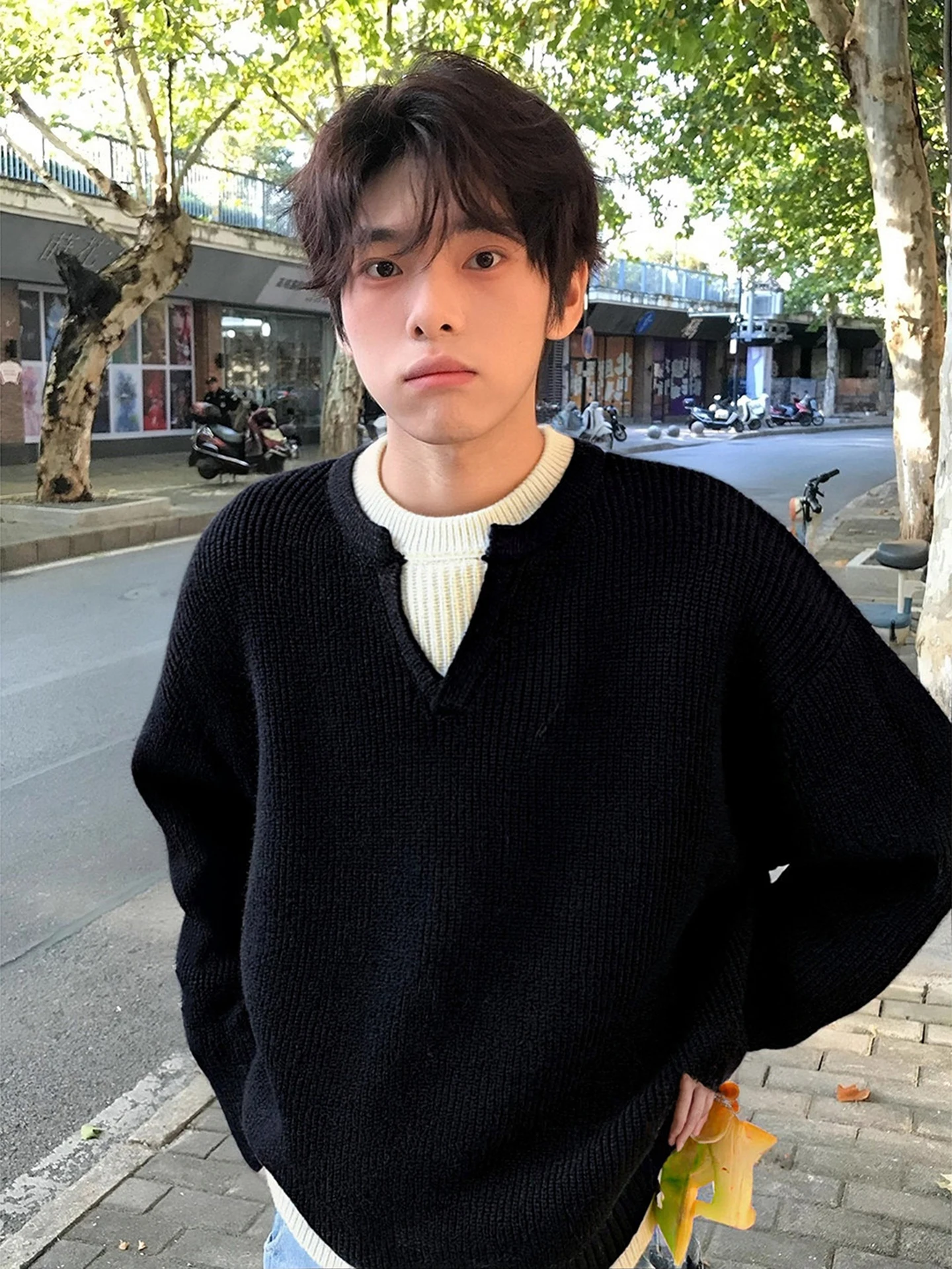 

Bla Thiened V-Ne Knitwear Men's Winter Warm Inner Wear Base Layer Casual Loose Fit Long Sve Youth Sle Top