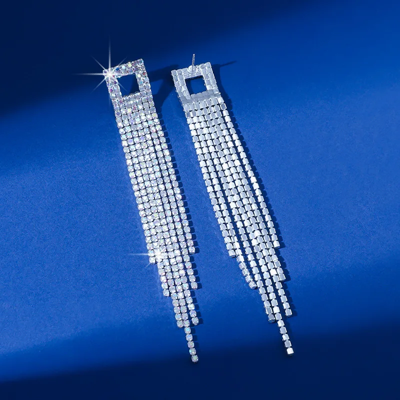 FYUAN Long Tassel Rhinestone Drop Earrings for Women AB Gold Silver Color Crystal Dangle Earring Party Wedding Jewelry