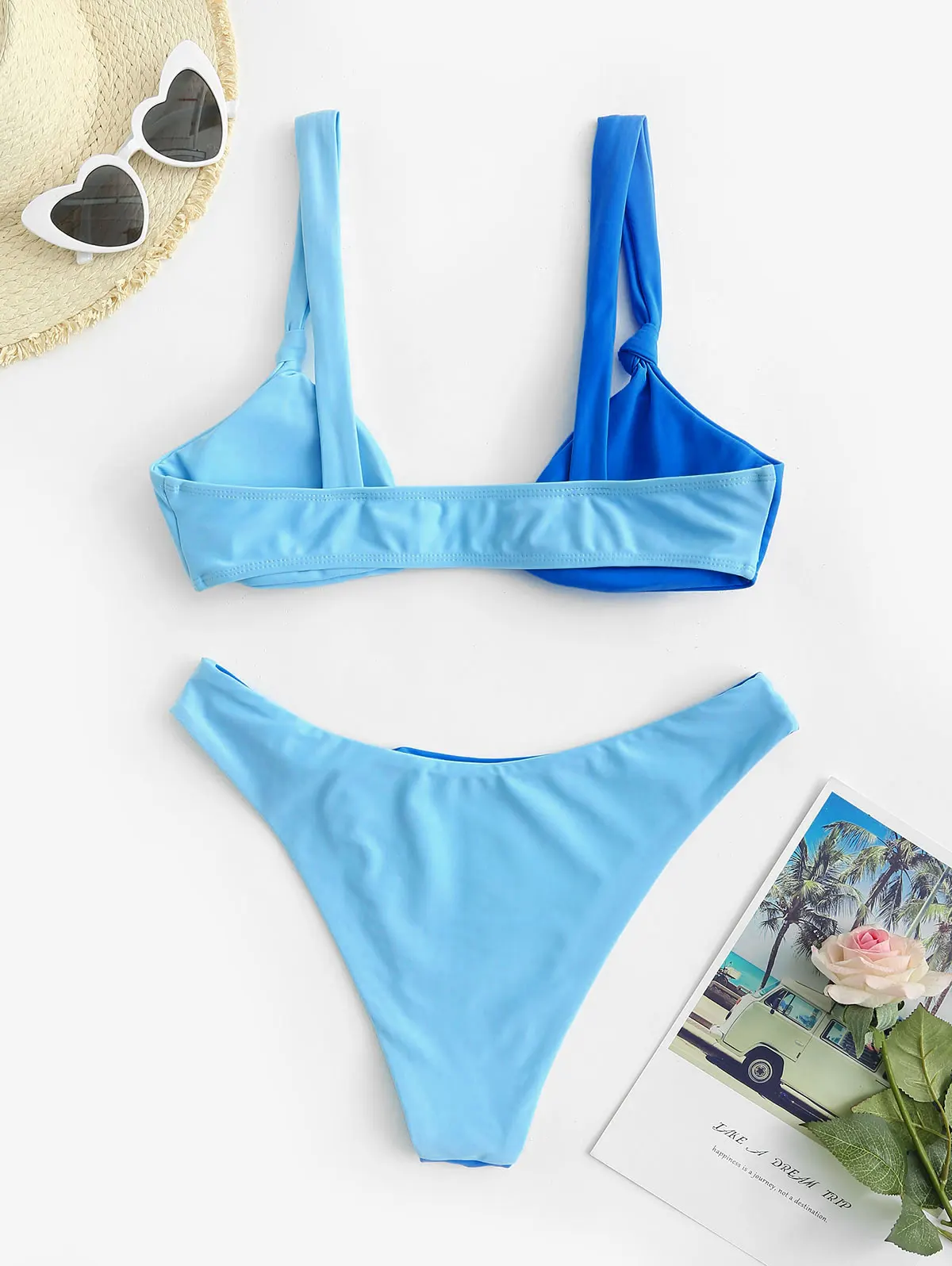 Zaful Neuer sexy Bikini 2024, fester Badeanzug, Damen-Bademode, verdrehter Knoten, zweifarbiger Bikini mit hohem Bein, hohes Bein, Farbblock-Bikinis