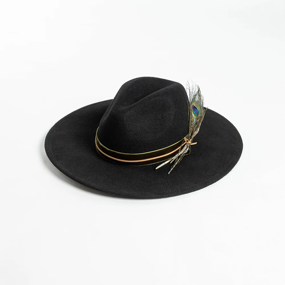 

Autumn Winter New Fashion Casual Ribbon Feather Decor Large Brim Wool Jazz Fedora British Retro Warm Felt Hat