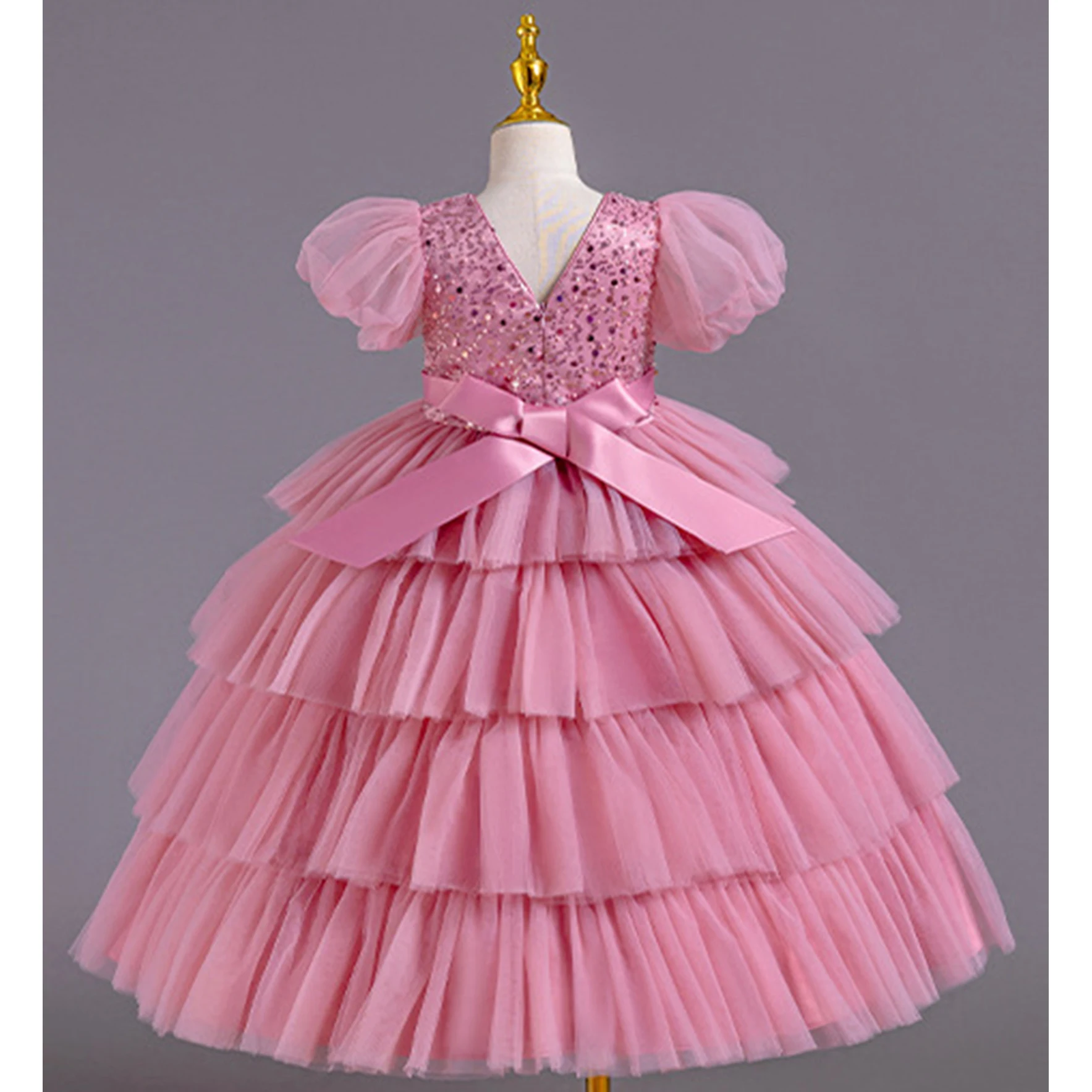 Charlotte elegante vestido tutu para meninas grandes, mangas de lantejoulas, cupcake babados em camadas, concurso de dança