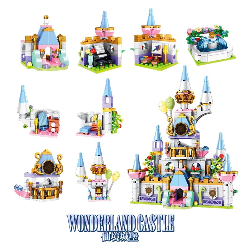 MOC – ensemble de blocs de construction de château du pays des merveilles 8 en 1, maison d'architecture magique médiévale, jouet pour enfants, cadeau d'anniversaire spécial pour journée