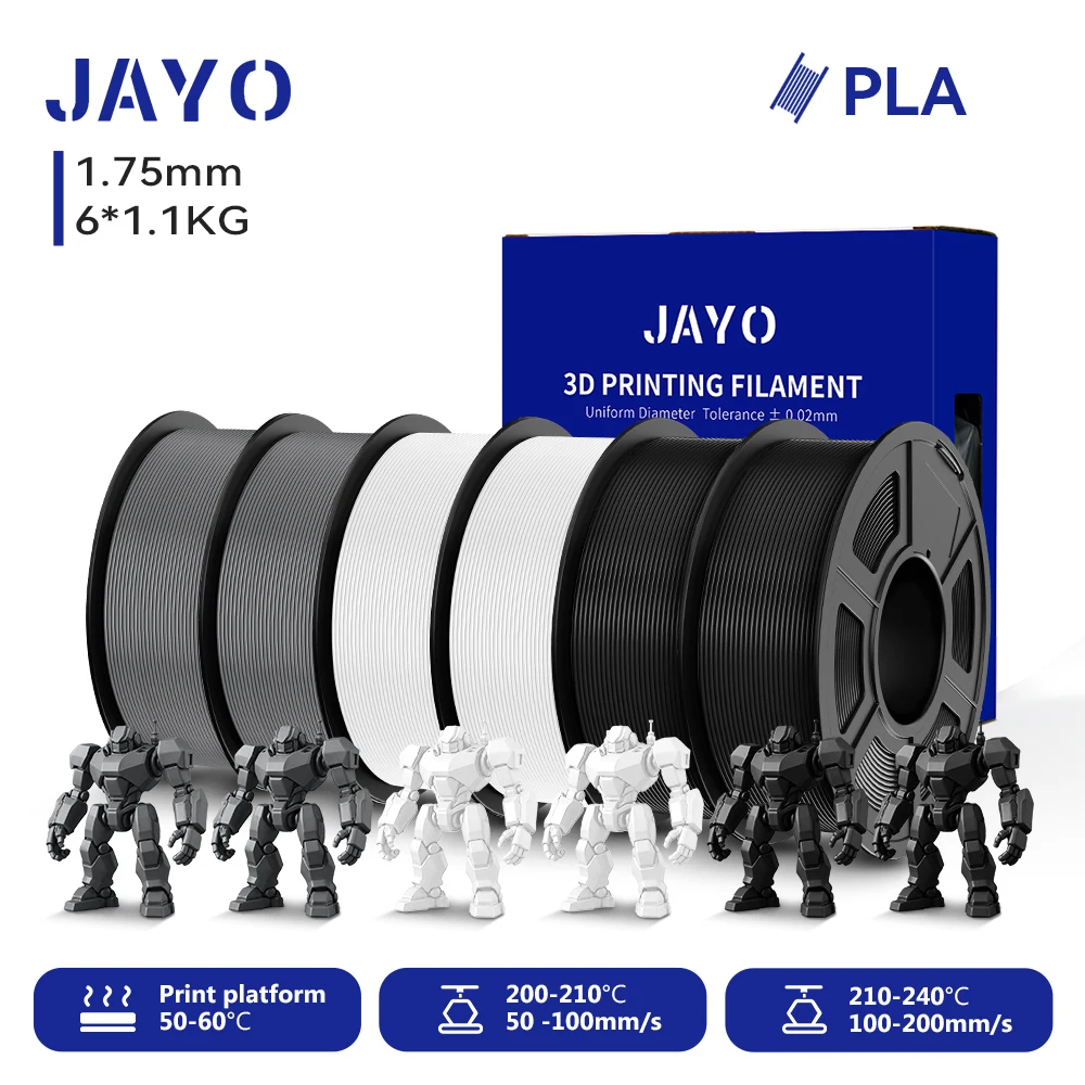JAYO 6 Rollen 3D PLA Druckerfilament 1,75mm Ungiftig & Blasenfrei PLA-Kunststoff als 3D-Druckfilament für 99% der 3D FDM Drucker & Stifte