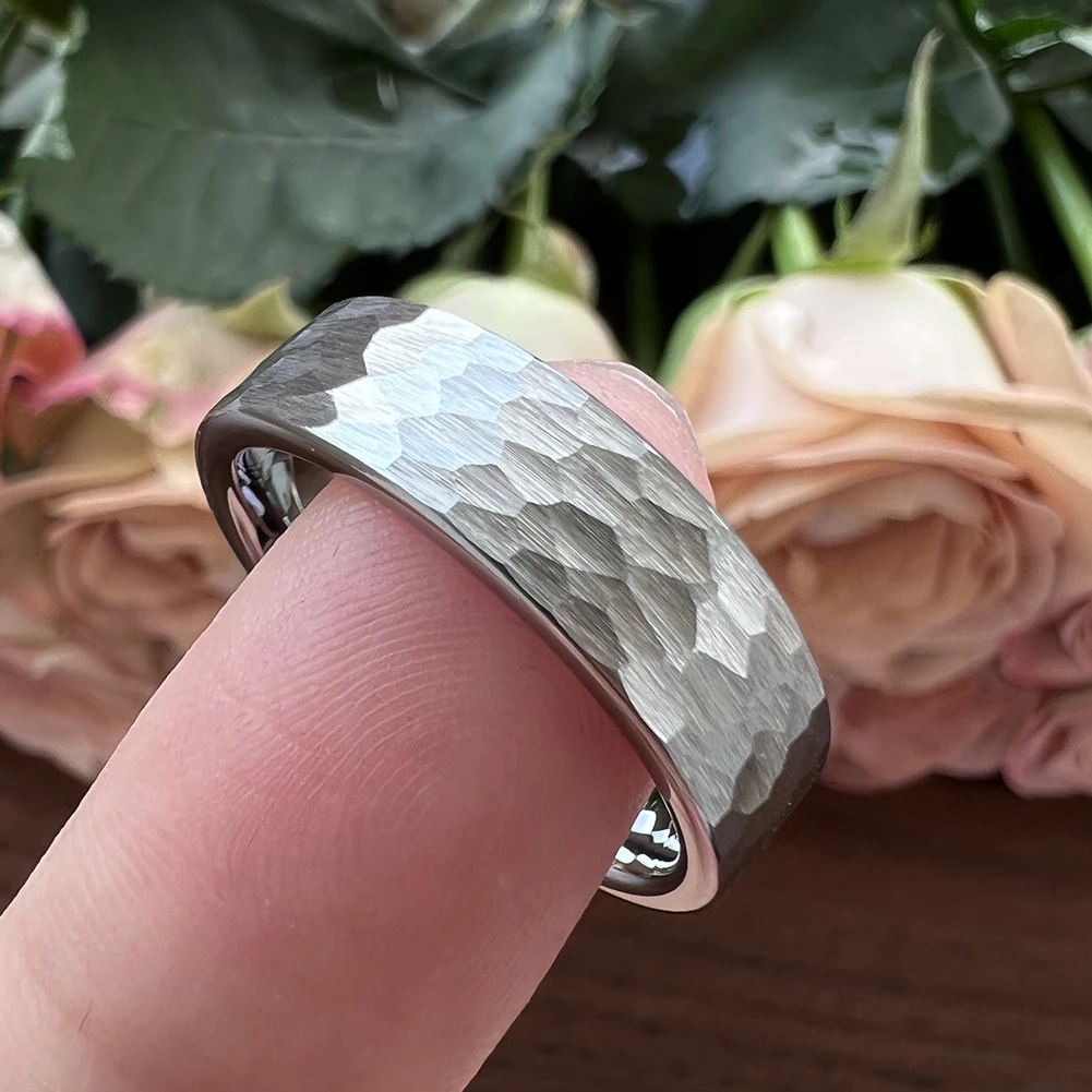 6mm Wolfram karbid ring vielfältig gehämmert für Männer Frauen Verlobung Ehering gebürstet fertig Komfort Passform – Detail 9