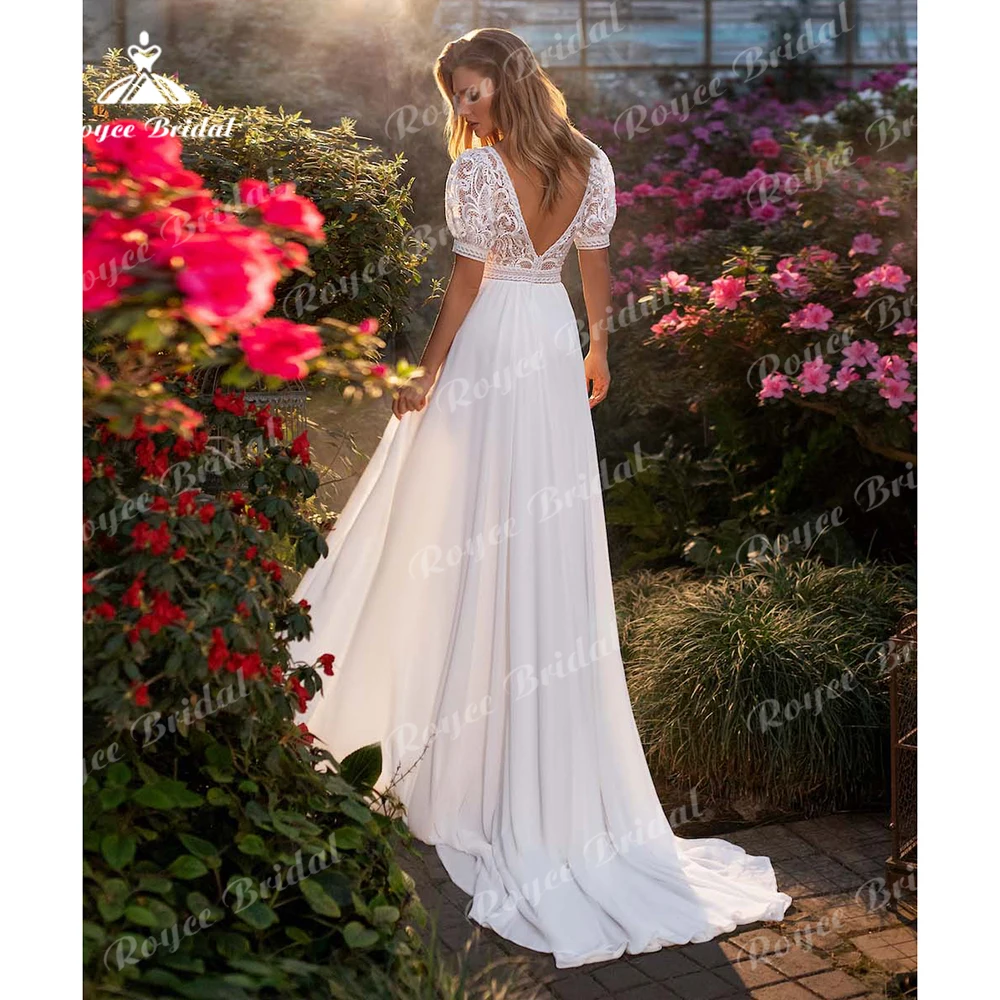 Vestido de novia bohemio para mujer, traje Sexy de gasa con abertura lateral y cuello en V, Manga corta abullonada, Top de encaje, línea A, personalizado, 2025