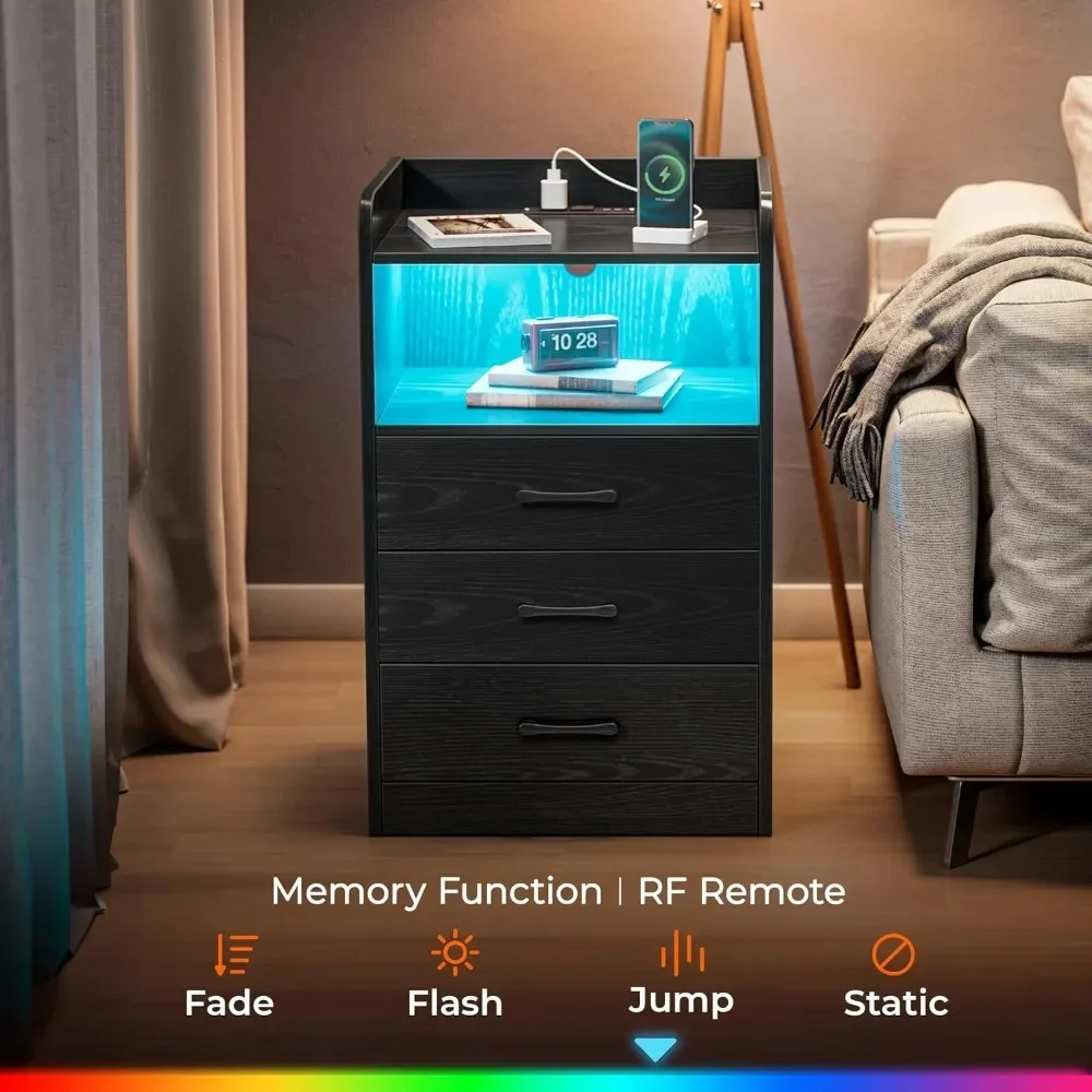 Nightstand with Charging Station and LED Light Strips, Night Stand with Drawers, End Table with USB Ports, Bedside for Bedroom