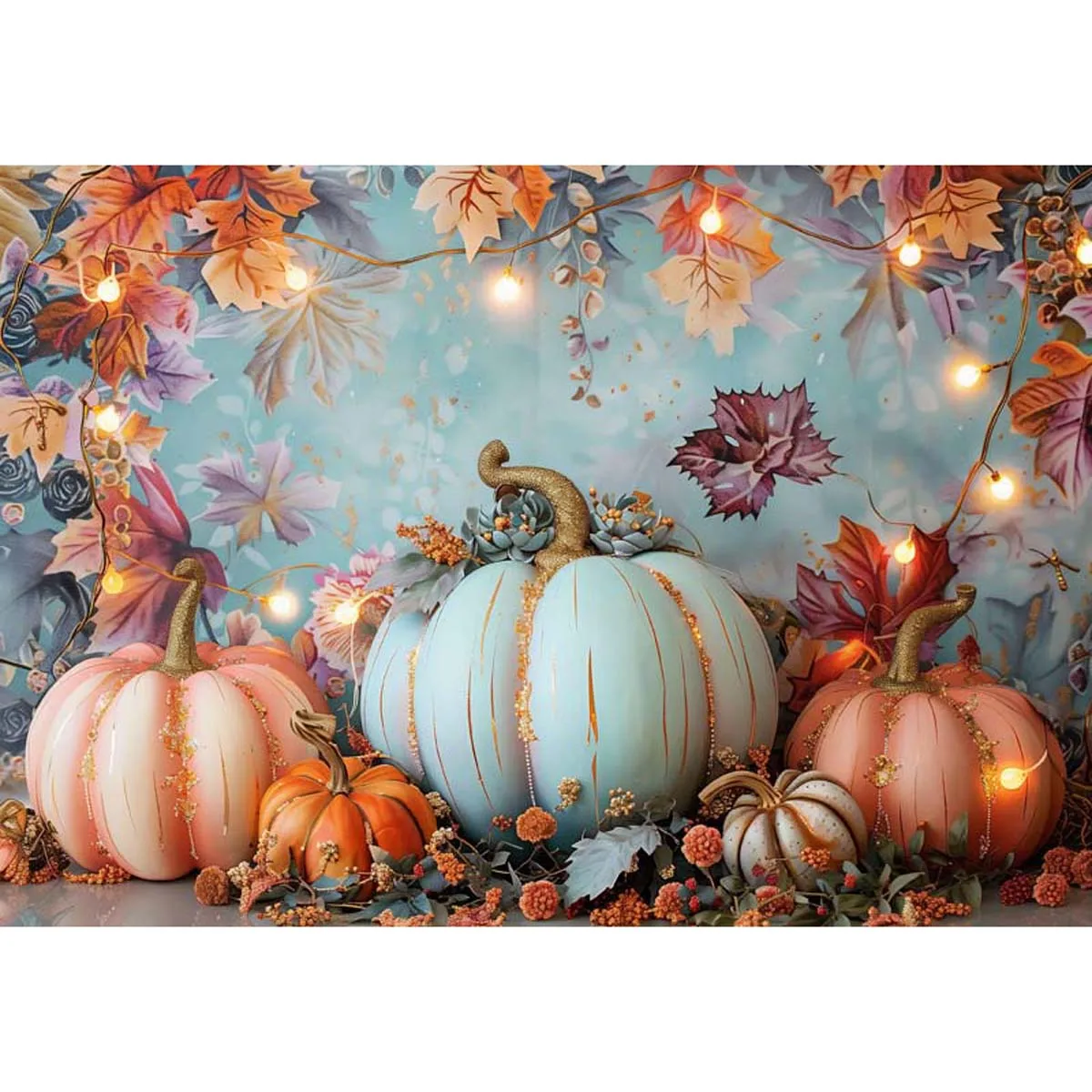 Allenjoy Pumpkins Orange Leaves Blue Wall Backdrop