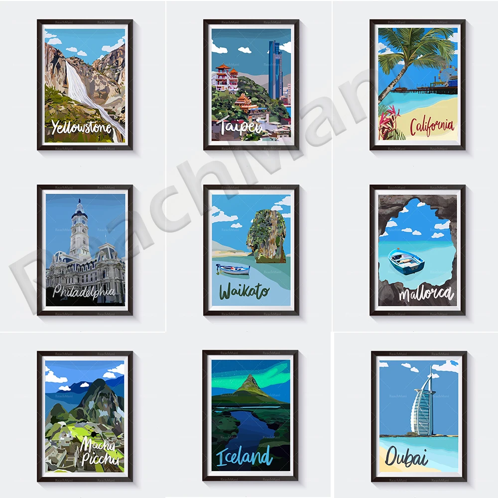 Mallorca, Nassau, Bahamas, Waikato, New Zealand, Wyoming, Philadelphia, Taiwan, Dubai, Iceland Northern Lights travel poster