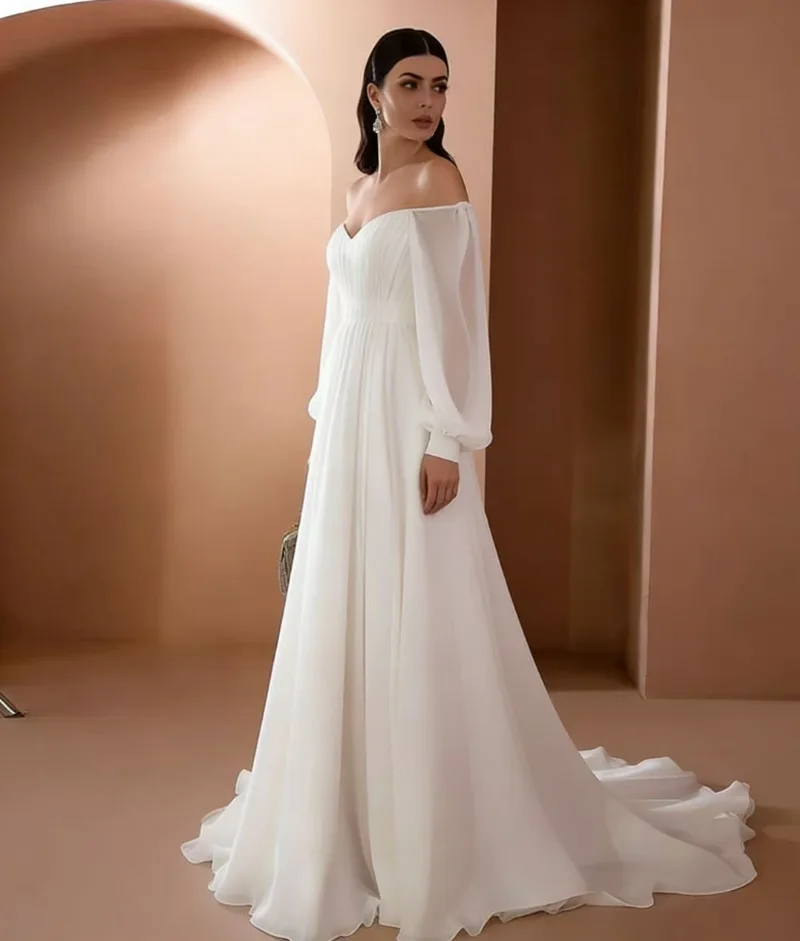 Langes Damenkleid, schulterfrei, langärmelig, Chiffon-Kleid, Hochzeit, Brautjungfer, Partykleid