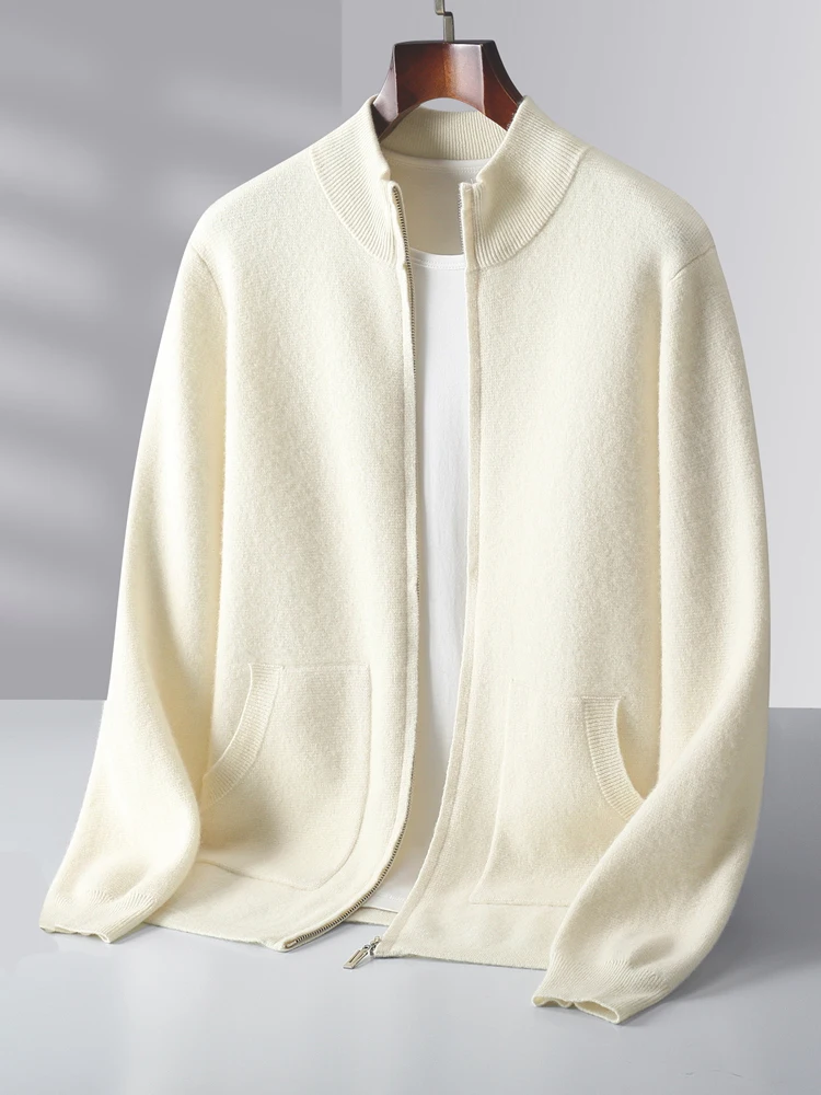 

100% Pure Wool Cardigan Sweater Men's New Stand Collar Soild Zipper Smart Casual Simple Versatile Knitted Jacket Autumn Winter
