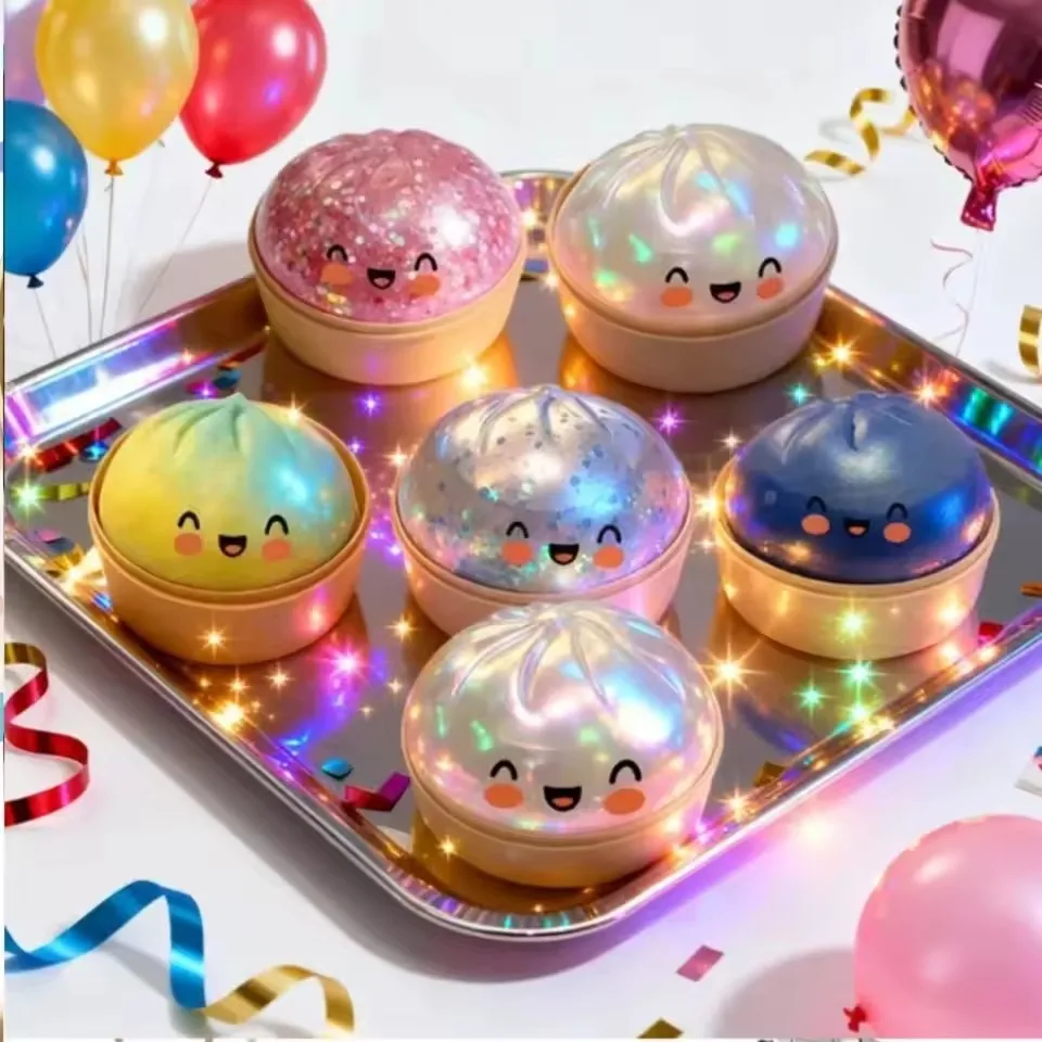 Cute Glitter Dumplings Squishy Toy With Steamer Soft Slow Resilience Toys Stress Relief Sensory Ball Sparkling Relaxation Tool