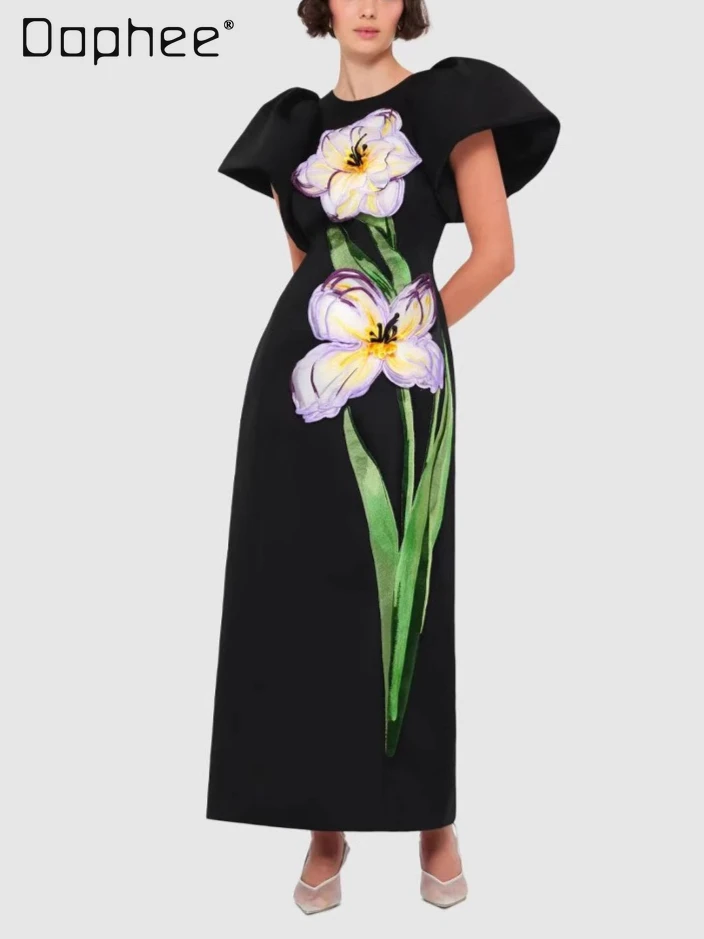 

Temperament Celebrity Black Evening Dresses Trendy Bubble Sleeves High Waist Slim Patch Flower Embroidery Mid-length Dress Women